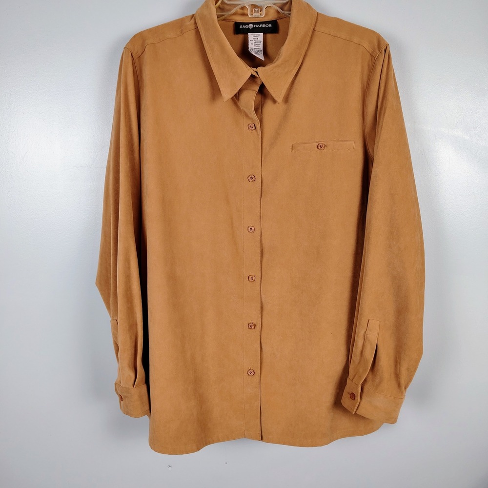 Sag Harbor Womens SZ 18 Faux Suede Button Down Shirt Camel Brown Minimalist - Picture 3 of 9